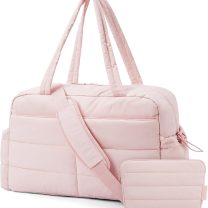 Travel Duffle Bag Gym Bag for Women, 31L Puffer Tote Bag Quilted Laptop Carry on, Weekender Overnight Bag Organizer Duffel Bag for Travel, Pink