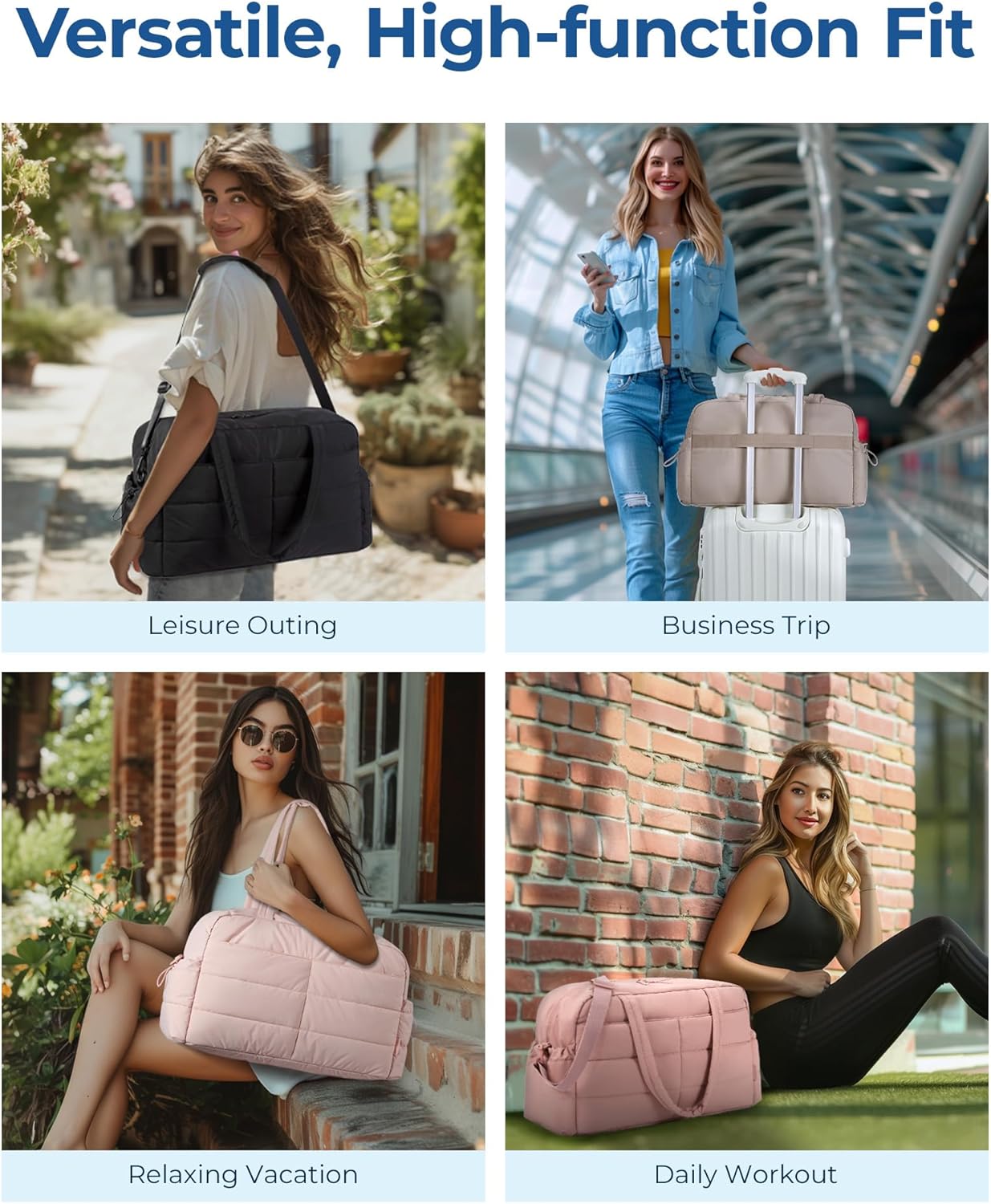 Travel Duffle Bag Gym Bag for Women, 31L Puffer Tote Bag Quilted Laptop Carry on, Weekender Overnight Bag Organizer Duffel Bag for Travel, Pink - Image 2