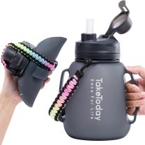 Collapsible Water Bottles 40 OZ Motivational Water Bottle with Straw and Paracord Handle Silicone Sports Water Jug with Times Leakproof Large Water Bottle for Yoga Camping Outdoors