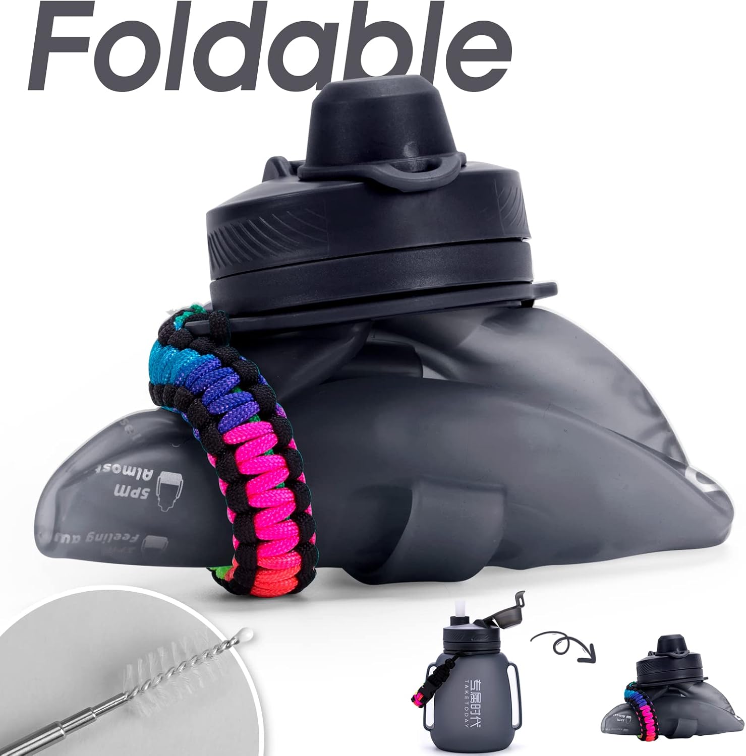 Collapsible Water Bottles 40 OZ Motivational Water Bottle with Straw and Paracord Handle Silicone Sports Water Jug with Times Leakproof Large Water Bottle for Yoga Camping Outdoors - Image 2