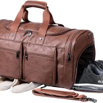 Leather Travel Bag with Shoe Pouch,Weekender Overnight Bag Waterproof Leather Large Carry On Bag Travel Tote Duffel Bag for Men or Women-Brown
