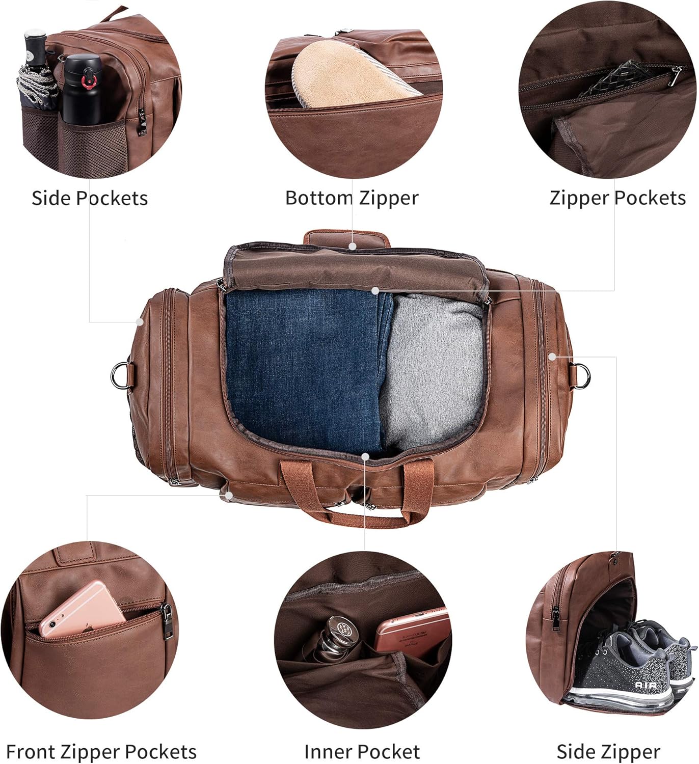 Leather Travel Bag with Shoe Pouch,Weekender Overnight Bag Waterproof Leather Large Carry On Bag Travel Tote Duffel Bag for Men or Women-Brown - Image 5