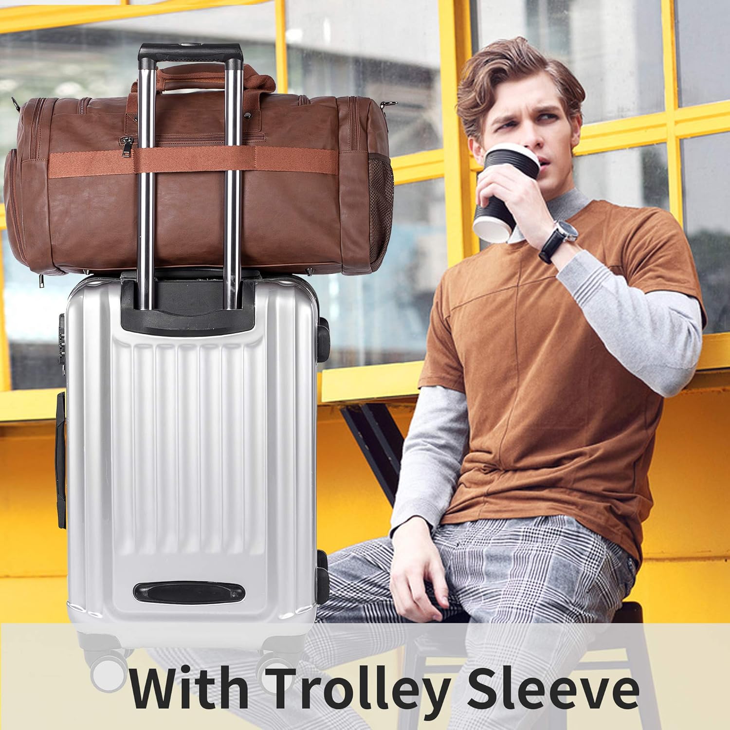 Leather Travel Bag with Shoe Pouch,Weekender Overnight Bag Waterproof Leather Large Carry On Bag Travel Tote Duffel Bag for Men or Women-Brown - Image 7